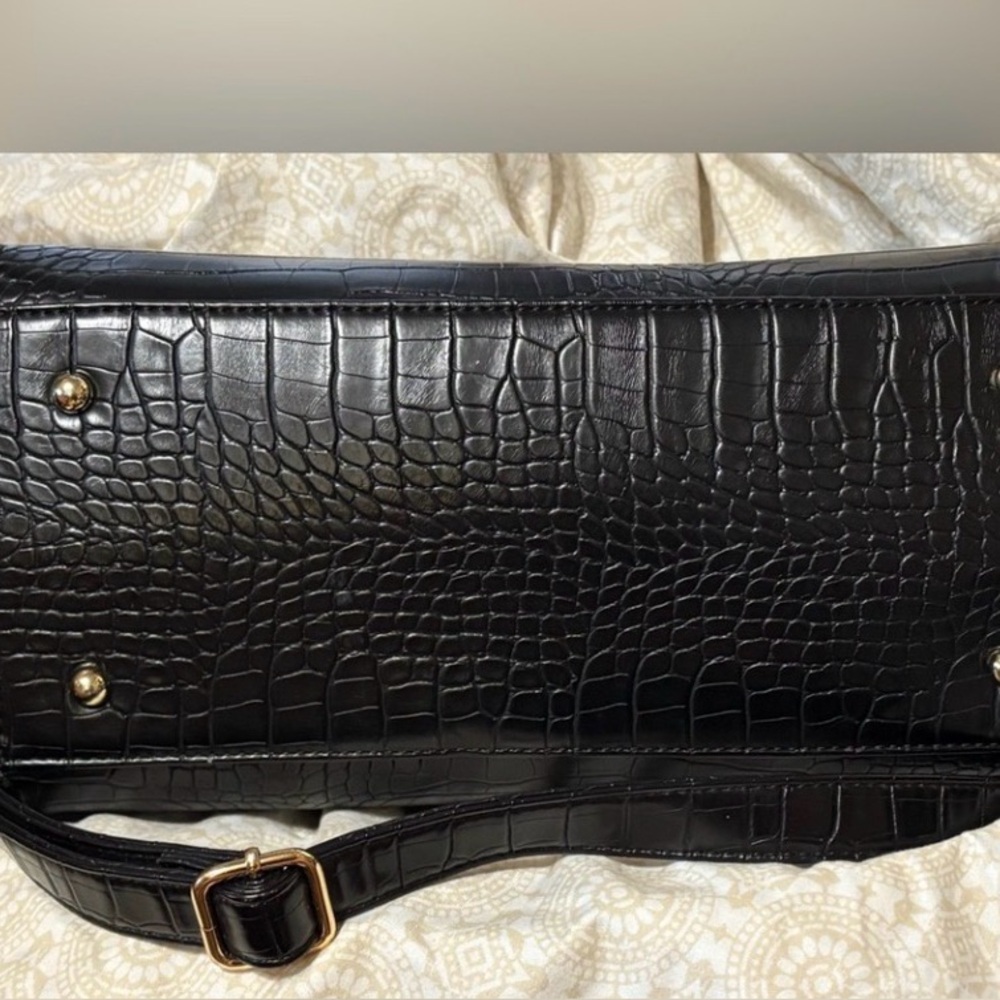 Black Croc-Embossed Shoulder Tote with Gold Accent - Picture 5 of 11